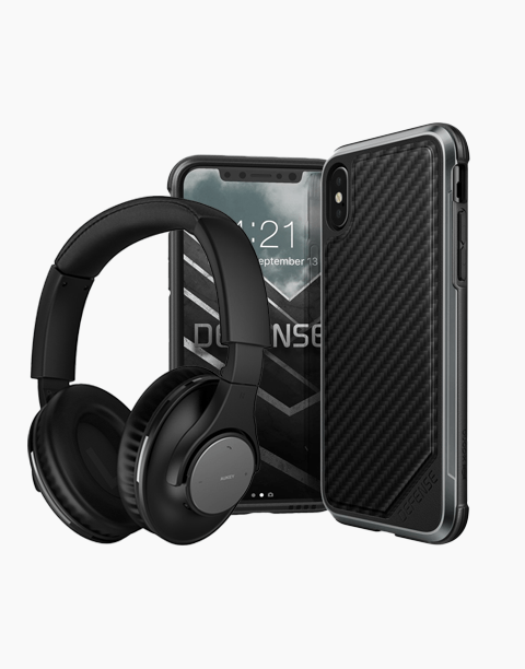 Aukey B25 with XDoria Defense Lux case, showcasing carbon design and shock-resistant features for protection.