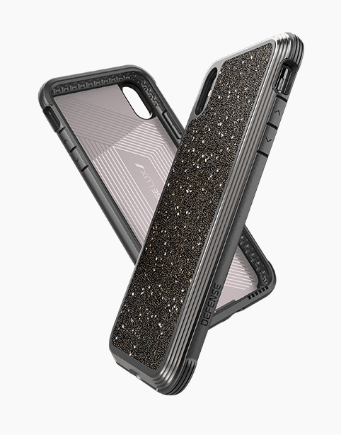 Smartkoshk Defense Lux Glitter iPhone Xs case with 3M drop test protection, featuring a sparkly glitter design on a clear cover.