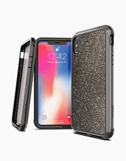 Smartkoshk Defense Lux Glitter iPhone Xs case with drop-tested protection and 3M adhesive, featuring a sparkling glitter design.