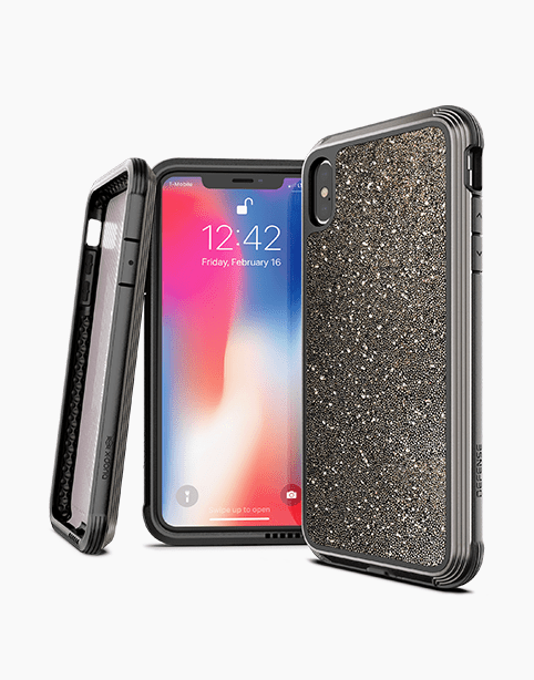 Smartkoshk Defense Lux Glitter iPhone Xs case with drop-tested protection and 3M adhesive, featuring a sparkling glitter design.