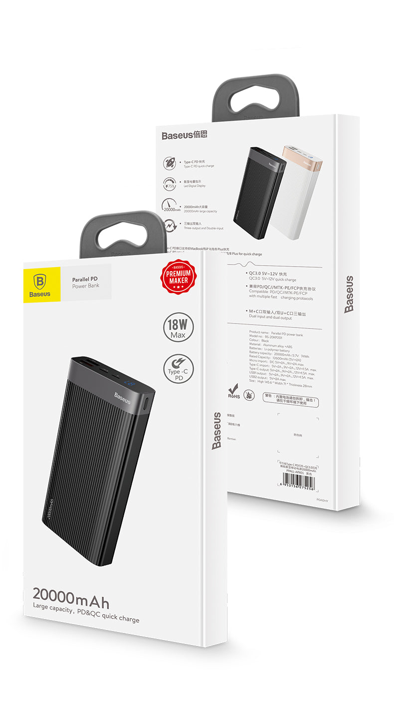 Smartkoshk 20000mAh power bank with four USB outputs including QC3.0, QC2.0, PD, and Micro USB in black.