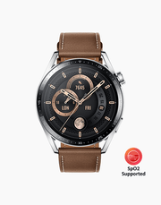 Huawei Watch GT 3 46mm smartwatch with brown band displaying call support and SpO2 monitoring on a digital screen.