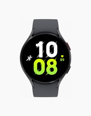 Samsung Galaxy Watch5 with Wear OS showing a sleek black smartwatch display and fitness tracking features.