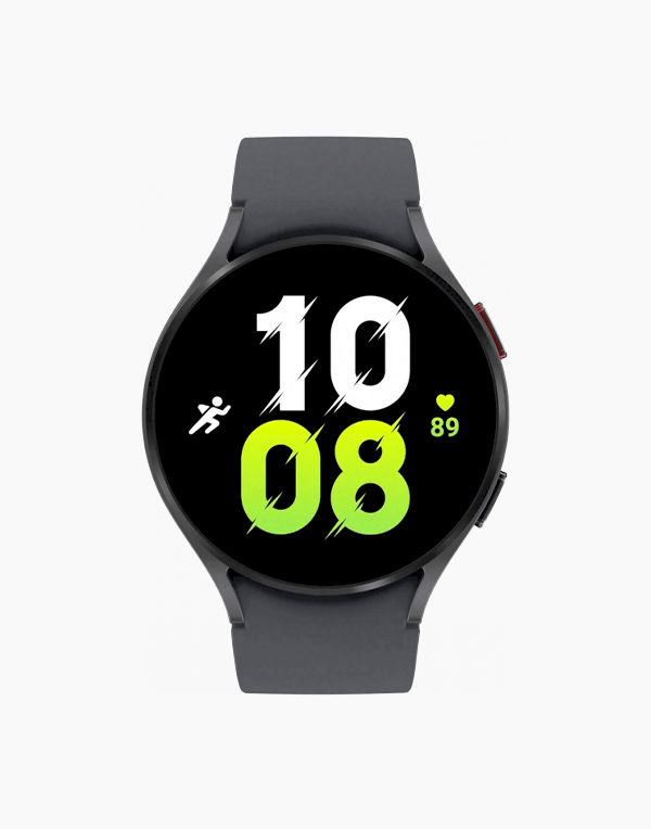 Samsung Galaxy Watch5 with Wear OS showing a sleek black smartwatch display and fitness tracking features.