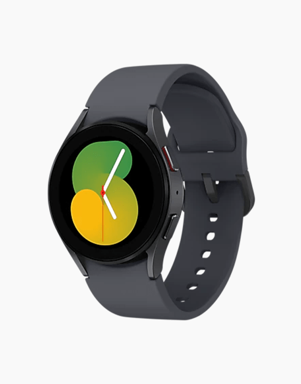 Samsung Galaxy Watch5 with Wear OS displaying a sleek digital watch face on a black strap.