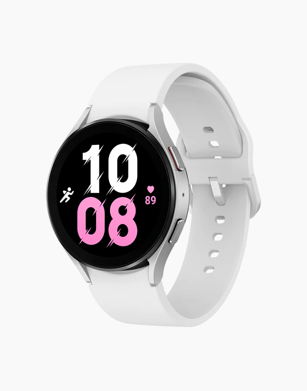 Samsung Galaxy Watch5 with Wear OS displayed on a wrist, showing digital time and fitness tracking features.