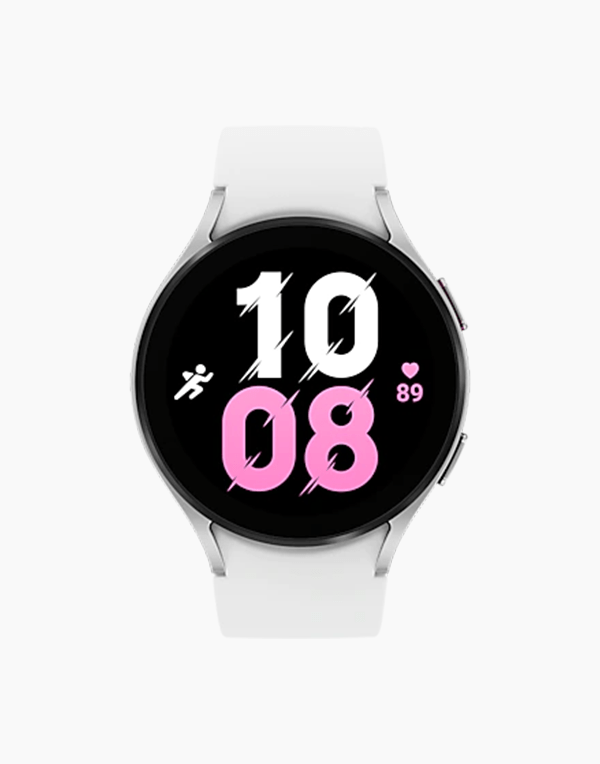 Samsung Galaxy Watch5 with Wear OS showing a sleek black smartwatch displaying time and fitness tracking on a neutral background.