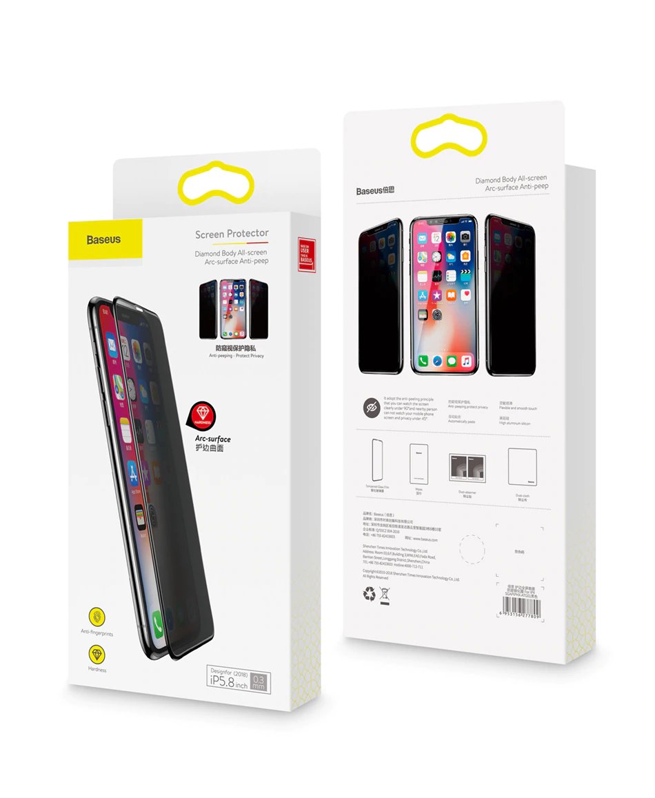 Baseus Arc-surface anti-peeping tempered glass screen protector for iPhone Xs Max, showing the clear, durable design with precise edges.
