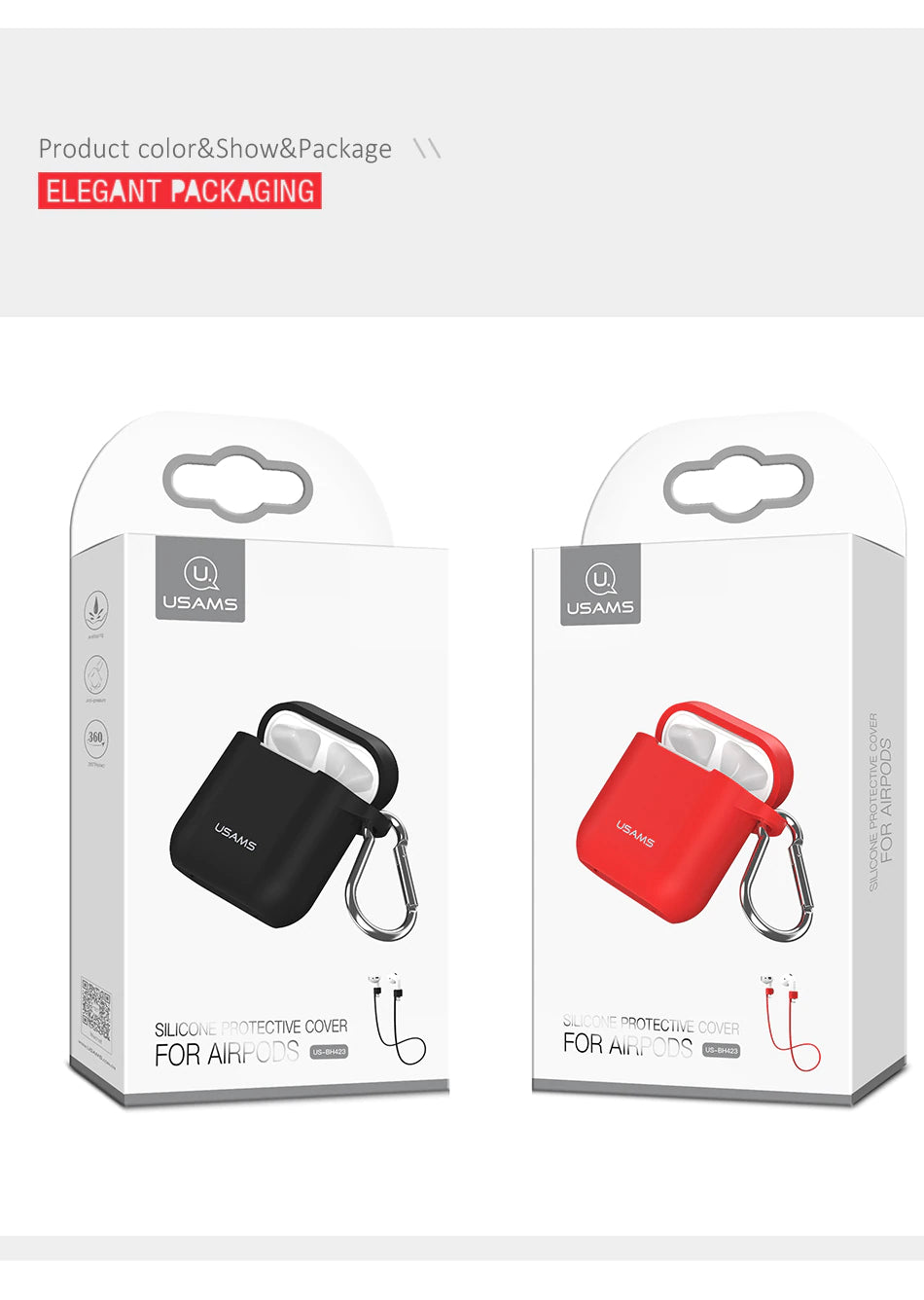 Usams AirPods Silicone Case + Anti Lost Strap + hook, Anti Shocks Black