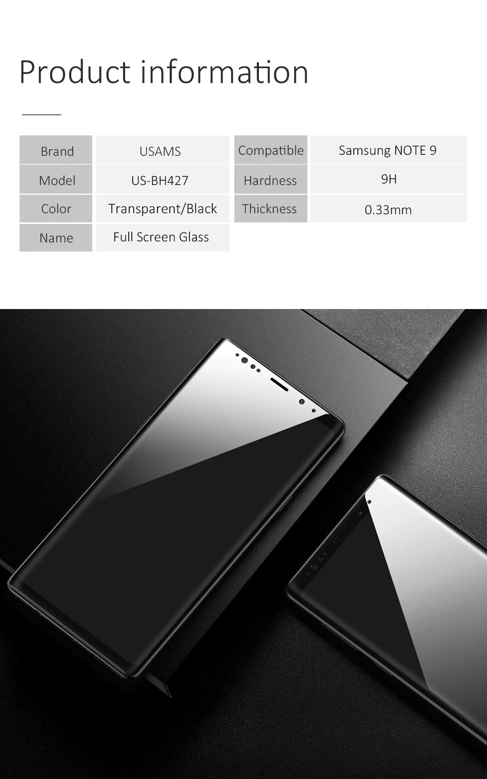 Usams 0.3mm Full Tempered Glass Screen Protector For Note 9 Black