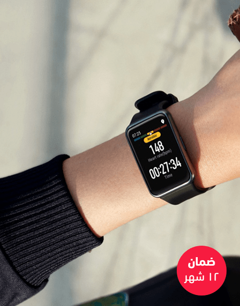 Huawei Watch Fit in black with SpO2 and heart rate monitor features, showcasing its sleek design and display.