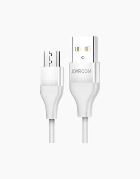 Joyroom micro USB cable in white, featuring anti-cut nylon material and 2.4A fast charging capability.