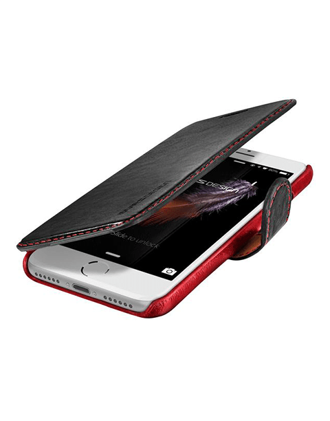 Black layered leather case for iPhone 7 and 8 by VRS Design, featuring a sleek, textured leather finish and precise cutouts.