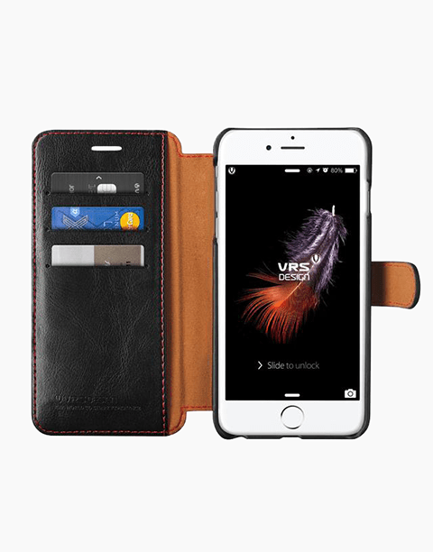 Black layered leather case for iPhone 7 and 8 by VRS Design, featuring a sleek, textured leather finish and precise cutouts.