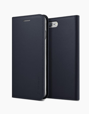 Navy genuine leather diary-style phone case by VRS Design for iPhone 7 and 8, with card slots and premium leather finish.