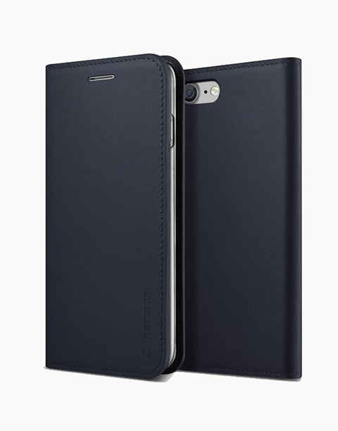 Navy genuine leather diary-style phone case by VRS Design for iPhone 7 and 8, with card slots and premium leather finish.