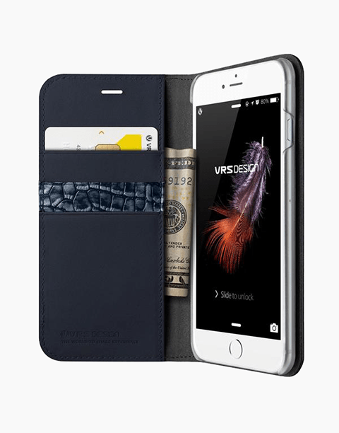 Navy genuine leather iPhone 7/8 case from VRS Design's Diary Series, featuring a sleek, textured leather exterior and precise cutouts.