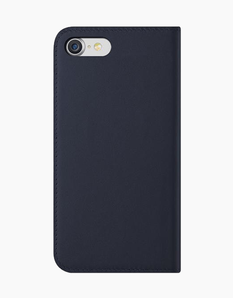Navy genuine leather iPhone 7 and 8 diary case by VRS Design with card slots, from Smartkoshk, showcasing front and side views.