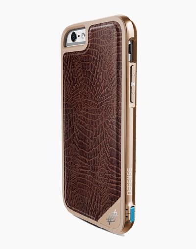Smartkoshk iPhone 6/6s Defense Lux Brown Croc leather case with gold accents, showcasing textured crocodile pattern and protective design.