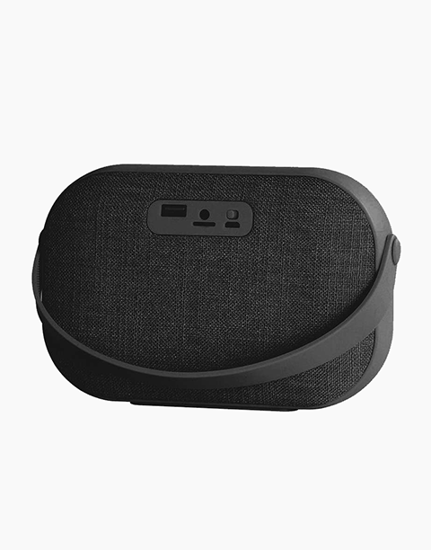 Smartkoshk M4 wireless speaker with AUX port, microSD card slot, and call-answering feature, shown in black with buttons and ports visible.