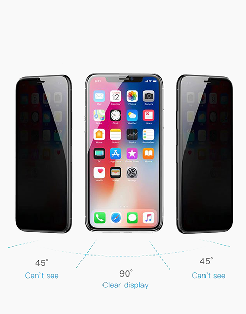 Baseus Arc-surface 0.23mm anti-peeping tempered glass screen protector for iPhone Xs Max, showing the protective film on the device.
