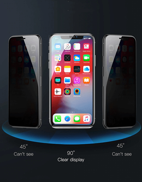 Baseus Arc-surface 0.23mm anti-peeping tempered glass screen protector for iPhone Xs, shown on the device displaying the screen.