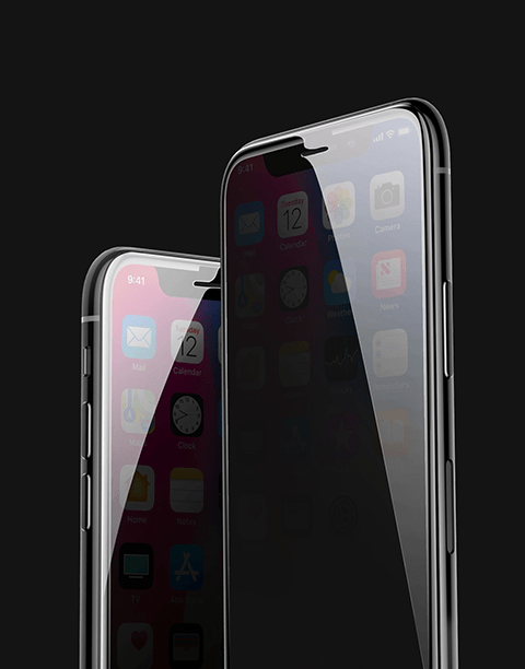 Baseus Arc-surface 0.23mm anti-peeping tempered glass screen protector for iPhone Xs, shown on a smartphone display.