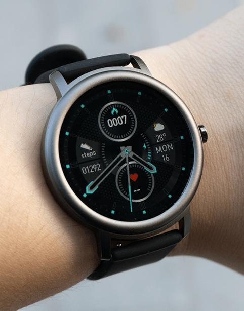 Black Mibro Air full touch smart watch with health and fitness tracking, IP68 water resistance, displayed on a wrist.