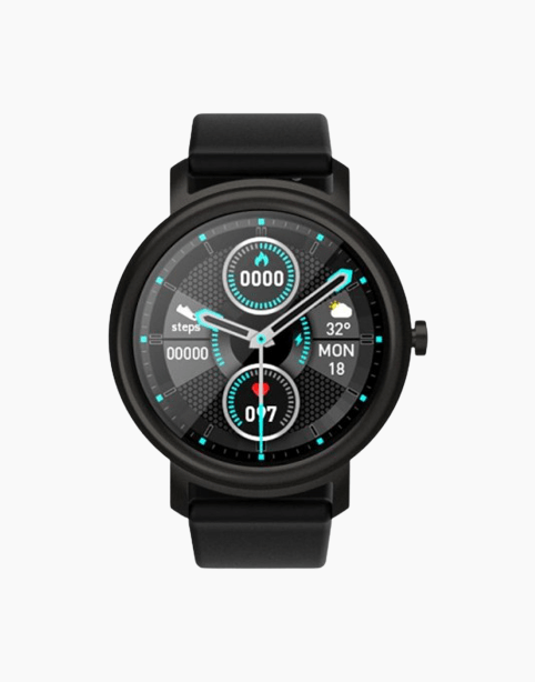 Black Mibro Air full touch smart watch with health and fitness tracking, IP68 water resistance, displayed on a user’s wrist.