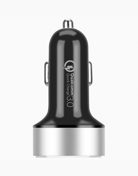 Smartkoshk Momax UC9 dual car charger with QC3.0 fast charging technology in black, shown connected to a vehicle's power outlet.