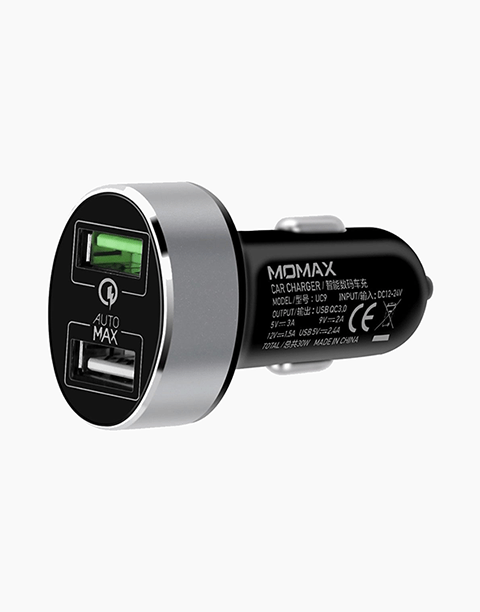 Black Momax UC9 dual car charger by Smartkoshk with QC3.0 fast charging technology, shown connected in a vehicle.