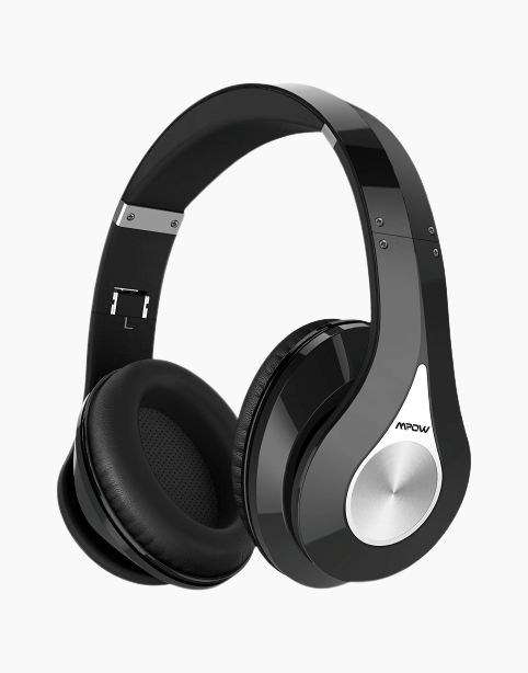 Black Mpow 059 stereo HiFi wireless headphones with built-in microphone, shown with adjustable headband and ear cups.