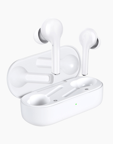 White Mpow M10 TWS in-ear earbuds with in-ear detection, four microphones, IPX5 water resistance, and up to 6 hours of playtime.