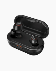 Black Mpow M5 TWS wireless earbuds with bass boost, IPX7 waterproof, Bluetooth 5.0, shown in a charging case.