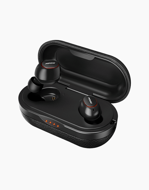 Black Mpow M5 TWS wireless earbuds with bass boost, IPX7 waterproof, Bluetooth 5.0, shown in a charging case.