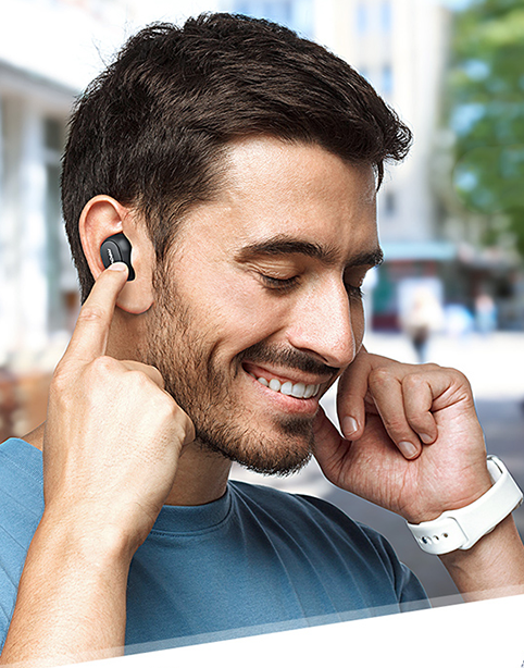 Black Mpow M5 TWS earphones with bass, IPX7 waterproof, Bluetooth v5.0, shown with charging case and ear tips.