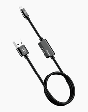 Baseus 2-in-1 iPhone charging and music listening cable showing connection to an iPhone and headphones