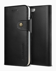 Native Diary Series premium black leather wallet with 3 card slots for iPhone 7 by Smartkoshk, shown with open design and card slots visible.
