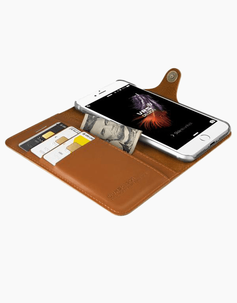 Brown leather wallet with 3 card slots from Native Diary Series for iPhone 7 Plus, by Smartkoshk, featuring a sleek, natural leather design.