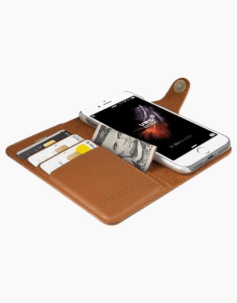 Native Diary Series premium brown leather wallet with 3 card slots for iPhone 7 by VRS Design, showing its sleek, natural leather finish.
