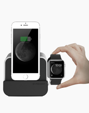 Silver iDepot Plus charger and stand for iPhone and Apple Watch by VRS, showcasing sleek design and functionality.