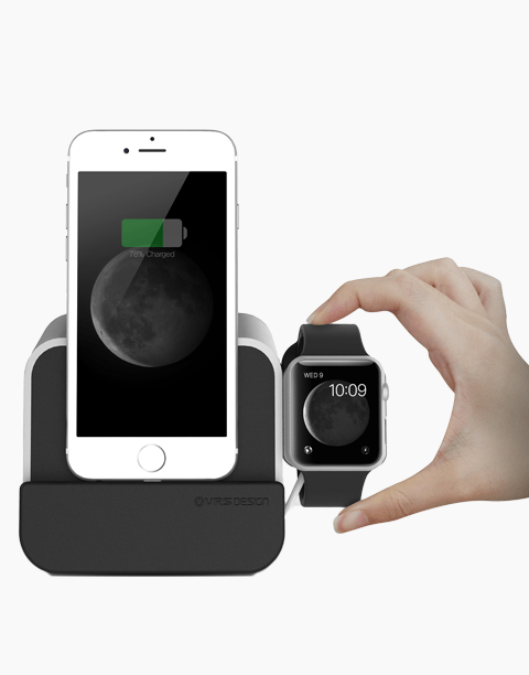 Silver iDepot Plus charger and stand for iPhone and Apple Watch by VRS, showcasing sleek design and functionality.