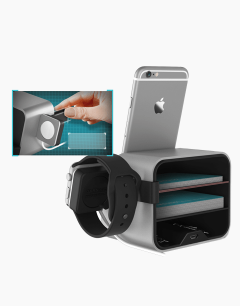 Silver iPhone and Apple Watch charger and stand by VRS, showcasing sleek design and functional features.