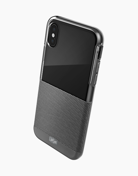 Nylon Dash case by X-Doria for iPhone X, transparent with black nylon accents, provides anti-shock protection and a sleek look.
