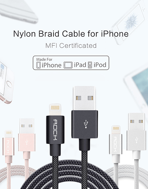 Nylon Braid MFI Certified Lightning Cable Fibre Fast Charging For iPhone / iPad - Black