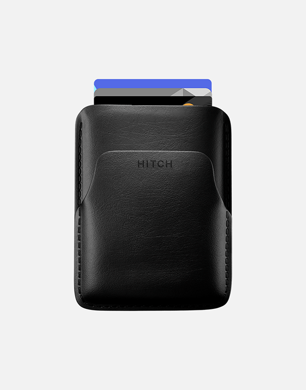Hitch genuine leather pull-up cardholder wallet in natural color, slim design with multiple card slots.