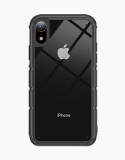 Black Panzer by Baseus iPhone XR transparent back case with anti-shock frame, showcasing durable design and protective features.