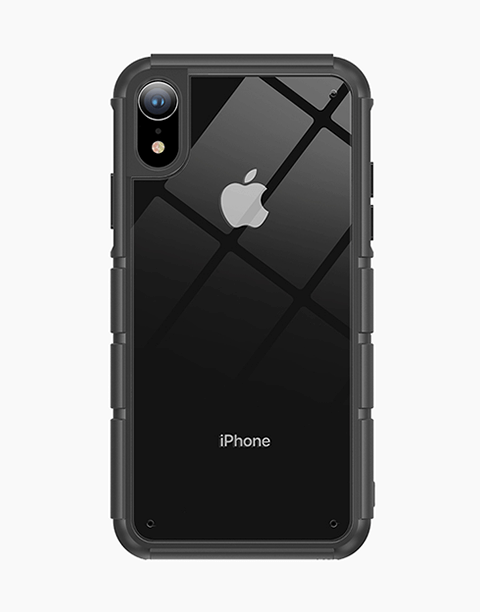 Black Panzer by Baseus iPhone XR transparent back case with anti-shock frame, showcasing durable design and protective features.