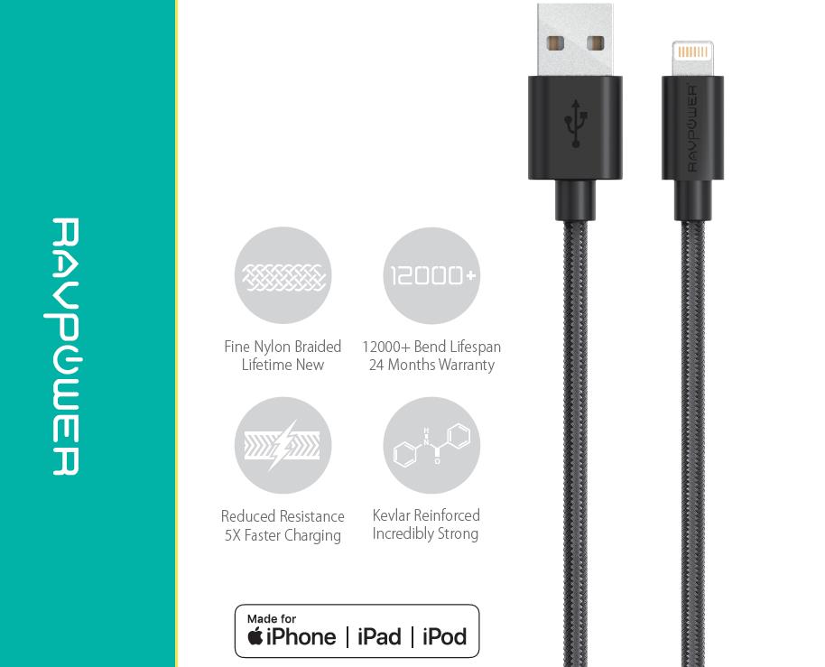 Ravpower Rp-CB012 كابل ايفون معتمدMFI مقاوم للقطع طول 120سم اسود