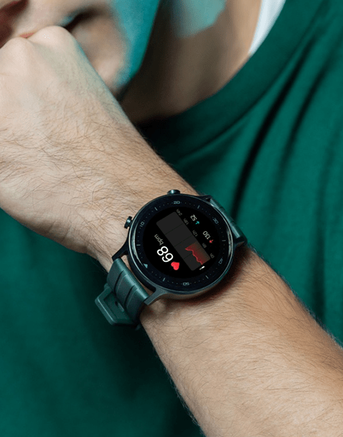 Black Realme Watch S smartwatch with 1.3-inch display showing health and fitness tracking features.